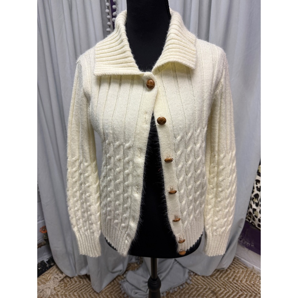Vintage 60s 70s Cream Cable Knit Cardigan Leather Look Buttons Cream Off White